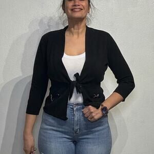 White House Black Market Black Front Tie Cardigan Sz M